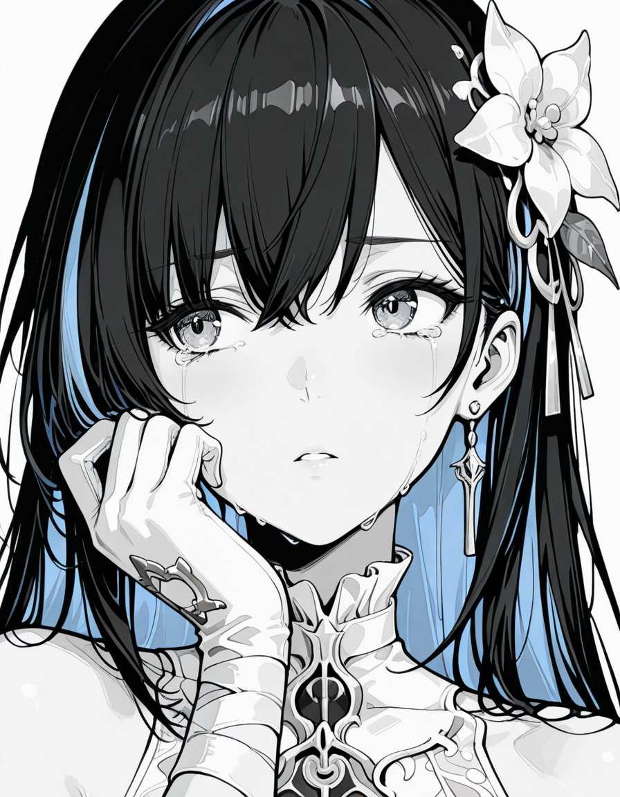 masterpiece,best quality,amazing quality,very aesthetic,high resolution,ultra detailed,perfect details,<lora:mai_dot_style:1>,(monochrome:2),greyscale,
<lora:my-lora:1>,mai_style,1girl,simple background,white background,<lora:mai_pgr_selena_xs:1>,mai_pgr_selena_xs,1girl,bandaged_arm,bandages,bare_shoulders,black_hair,blue_eyes,blue_hair,boots,colored_inner_hair,gloves,jewelry,long_hair,multicolored_hair,solo,streaked_hair,very_long_hair,white_dress,white_flower,white_gloves,
close-up,tears,face focus,looking to the side,