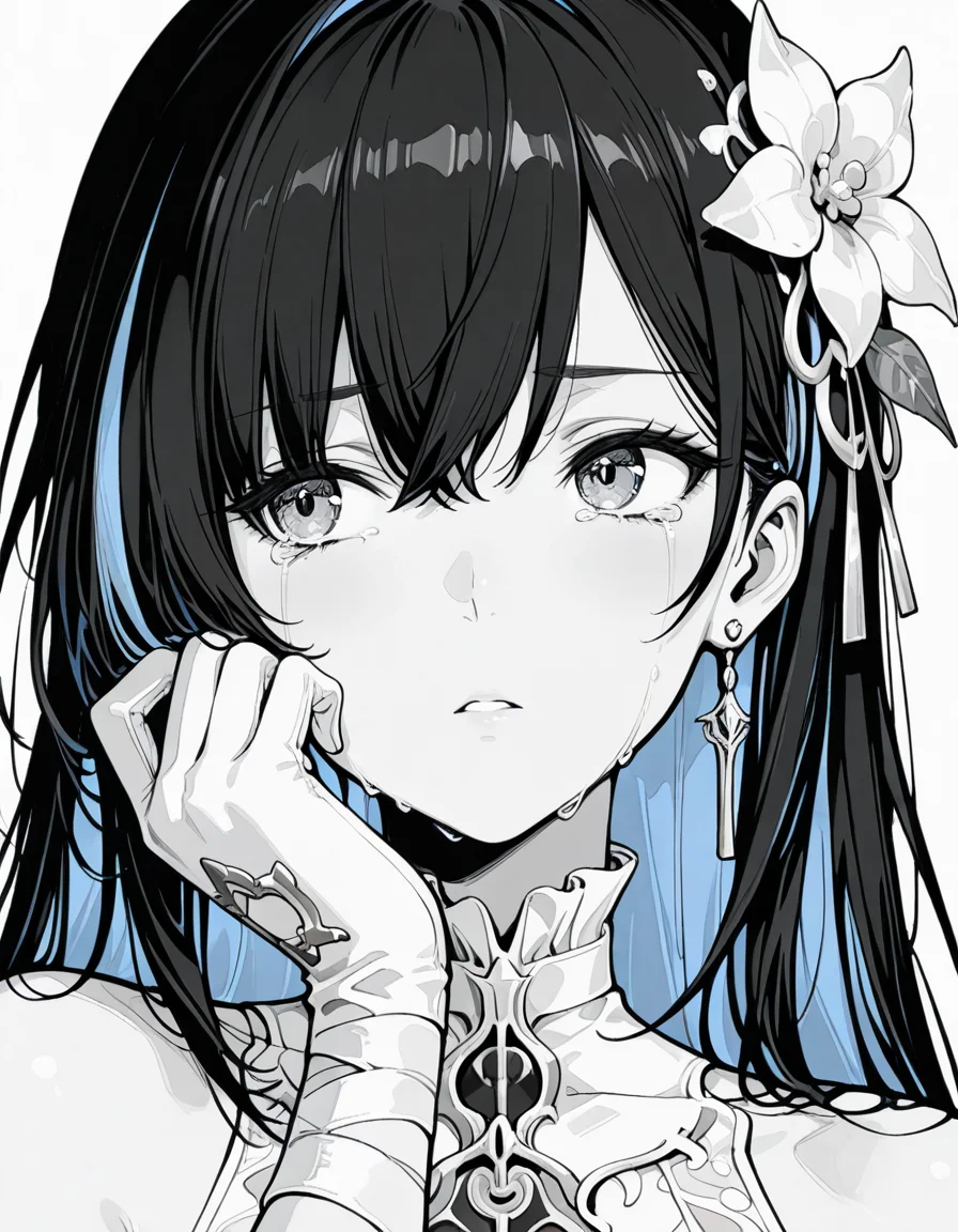 masterpiece,best quality,amazing quality,very aesthetic,high resolution,ultra detailed,perfect details,<lora:mai_dot_style:1>,(monochrome:2),greyscale,
<lora:my-lora:1>,mai_style,1girl,simple background,white background,<lora:mai_pgr_selena_xs:1>,mai_pgr_selena_xs,1girl,bandaged_arm,bandages,bare_shoulders,black_hair,blue_eyes,blue_hair,boots,colored_inner_hair,gloves,jewelry,long_hair,multicolored_hair,solo,streaked_hair,very_long_hair,white_dress,white_flower,white_gloves,
close-up,tears,face focus,looking to the side,