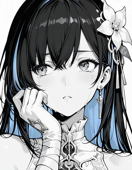masterpiece,best quality,amazing quality,very aesthetic,high resolution,ultra detailed,perfect details,<lora:mai_dot_style:1>,(monochrome:2),greyscale,
<lora:my-lora:1>,mai_style,1girl,simple background,white background,<lora:mai_pgr_selena_xs:1>,mai_pgr_selena_xs,1girl,bandaged_arm,bandages,bare_shoulders,black_hair,blue_eyes,blue_hair,boots,colored_inner_hair,gloves,jewelry,long_hair,multicolored_hair,solo,streaked_hair,very_long_hair,white_dress,white_flower,white_gloves,
close-up,tears,face focus,looking to the side,