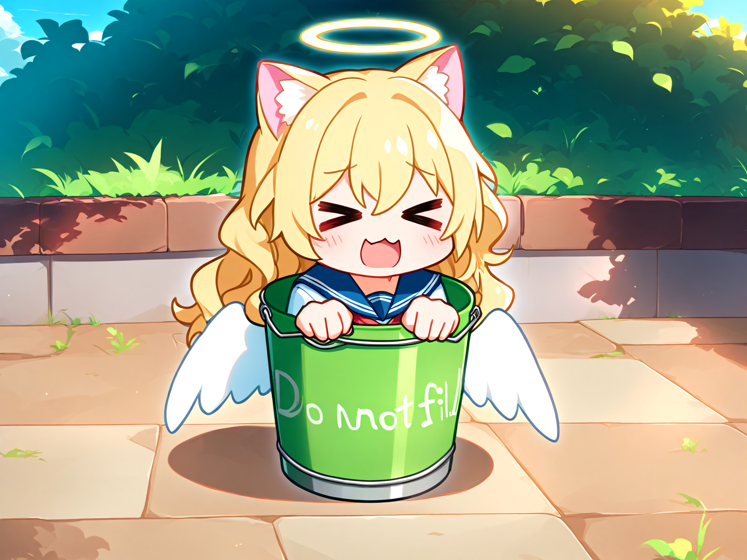 wavy hair, angel wings, angel halo, school uniform and cat ears with {{{{{do not fill}}}}} bucket