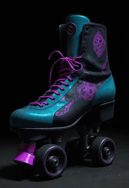 behance, Baroque Roller skates, Bathed in shadows, Energetic, (art by Alberto Burri:1.3), futuristic Neon cyberpunk synthwave cybernetic Charles Angrand and by Marcos Zegers, involved in a project