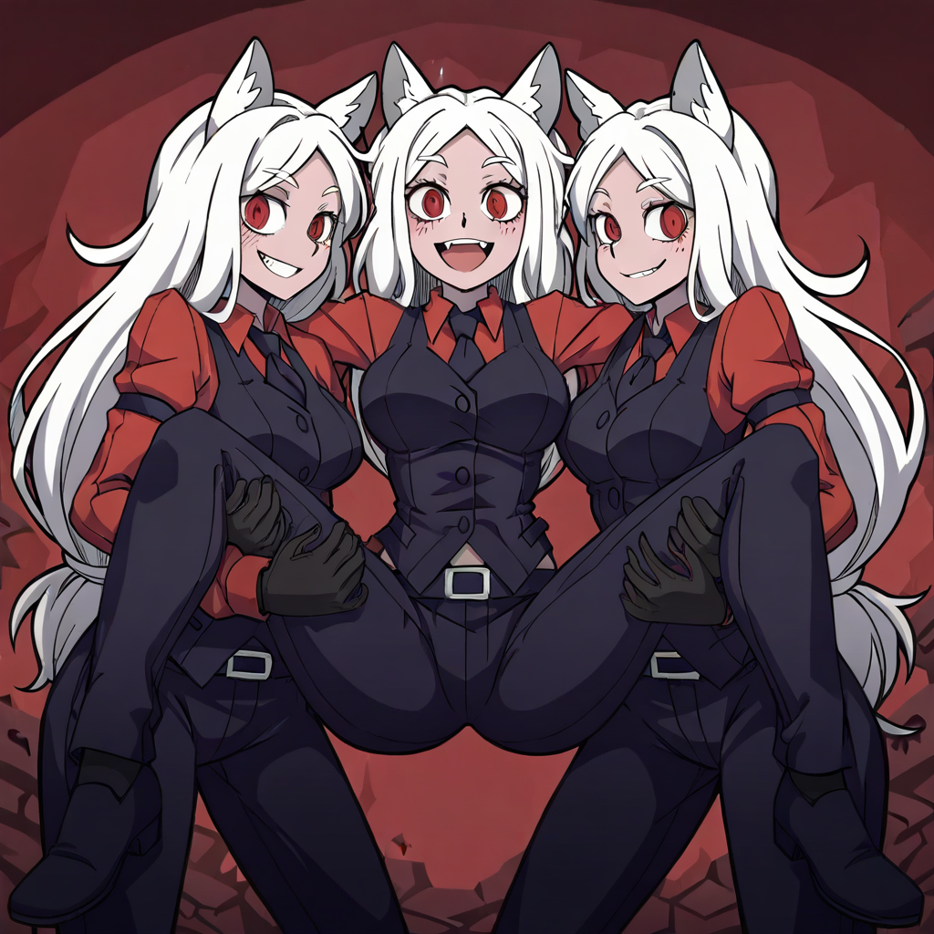 masterpiece, best quality, newest, absurdres, highres, anime, anime style, HB2-V1.0, held, held up, held from behind, HB2G, Held by 2 girls, 3girls, cerberus \(helltaker\), white hair, animal ears,