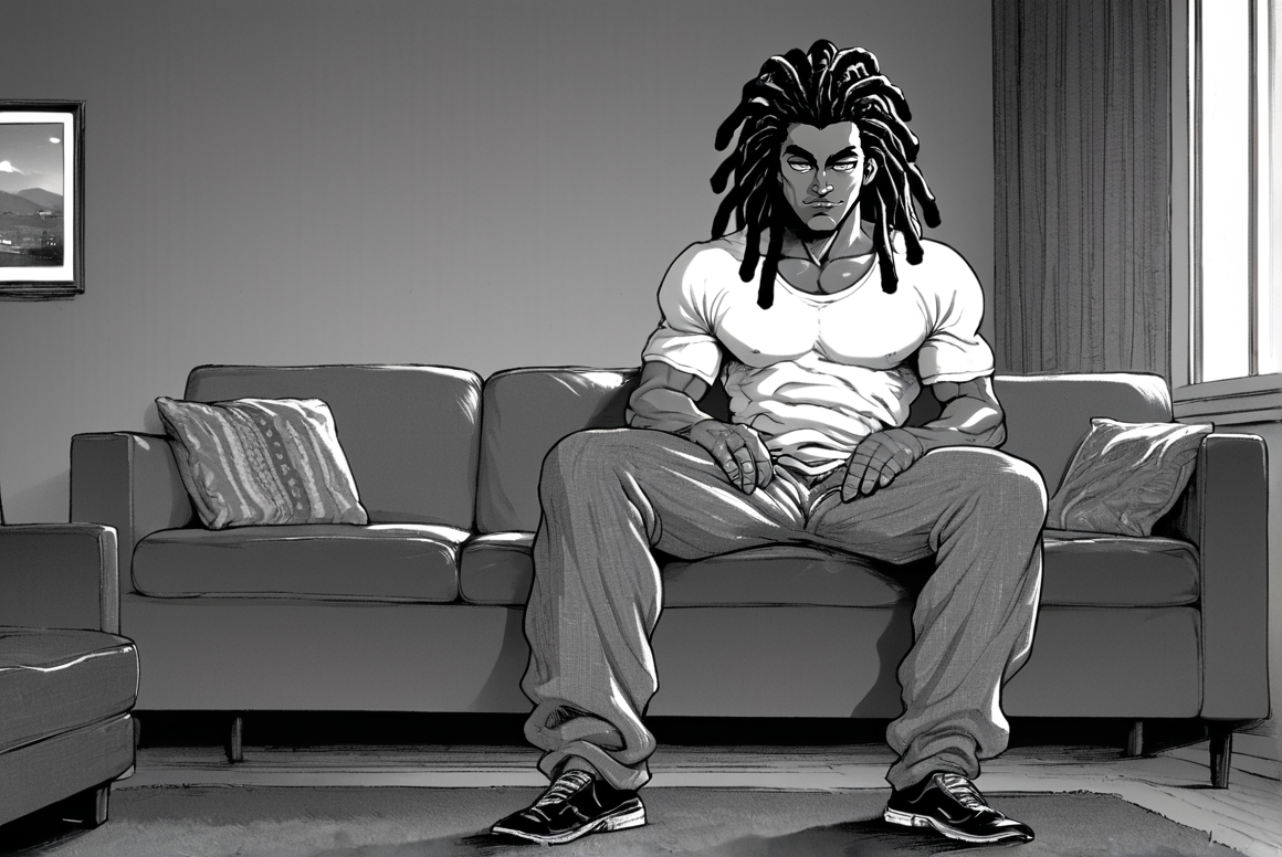 score_9, score_8_up, score_8,   <lora:Itagaki_v2:0.8> b4kisty13, greyscale, monochrome, 1boy, sitting on couch, living room, window, shirt, pants, shoes, dark skin, dreadlocks, solo