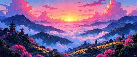 A breathtaking watercolor mountainside sunset where vibrant magenta and amber hues bleed into cerulean skies. Silhouetted pagodas and cherry blossom trees dot the mid-ground against dramatic cumulus formations tinged with gold. The atmosphere is thick with luminous particles, creating a misty ethereal quality that softens edges. Rice terraces cascade down the foreground slopes, their water-filled surfaces perfectly mirroring the spectral light display above. Traditional ink-wash technique blends with contemporary color theory, capturing that magical blue hour transition. Distant temple bells seem to echo across the valley as lanterns begin to glow. 8K ultra-detailed brushwork reveals intricate cloud textures and light diffraction patterns through moisture-laden air, evoking profound serenity and contemplative wonder. <lora:sxz-Dark-Fantasy-v2-Flux:0.3> <lora:CPA:0.3> <lora:Classic_Anime_Colors:0.5> <lora:flux_dev:1>