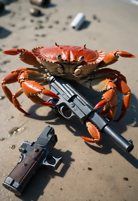 a crab holding a gun, pov, from above, attacking viewer, pointing gun at viewer,