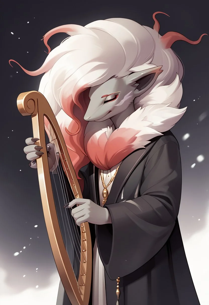 score_9, score_8_up, score_7_up, score_6_up, solo, from front,
Male Hisuian Zoroark furry in black robes, playing the harp
