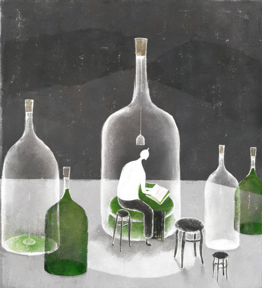 surrealism,illustration,man,book,bottle,sitting,stools,confinement,isolation,glass,furniture,indoor,dark background,white figure,grey,black,green,metaphor,pencil drawing,storytelling,artistic,conceptual,imaginative,textured,shadow,light,small space,<lora:æ²»æ-000009:0.8>,