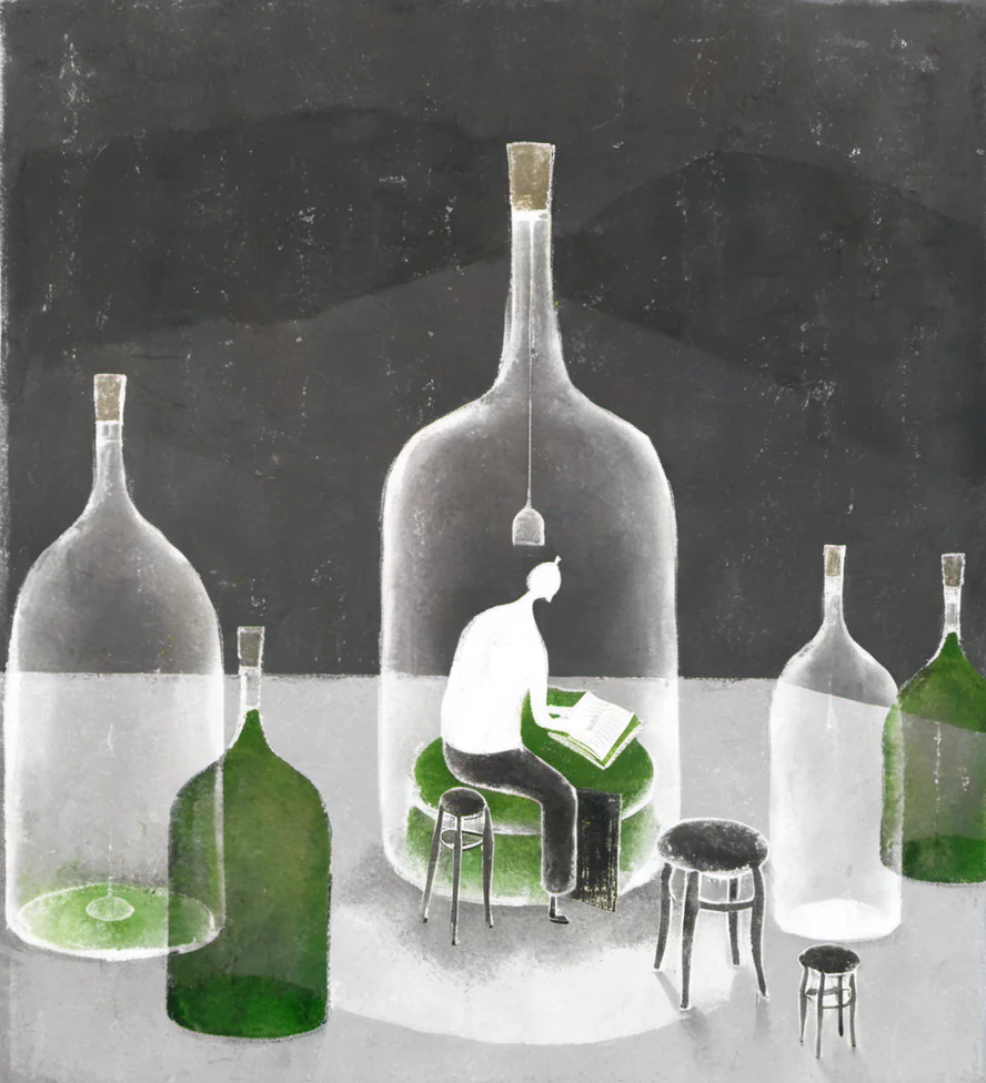 surrealism,illustration,man,book,bottle,sitting,stools,confinement,isolation,glass,furniture,indoor,dark background,white figure,grey,black,green,metaphor,pencil drawing,storytelling,artistic,conceptual,imaginative,textured,shadow,light,small space,<lora:æ²»æ-000009:0.8>,