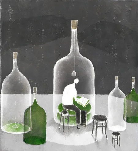 surrealism,illustration,man,book,bottle,sitting,stools,confinement,isolation,glass,furniture,indoor,dark background,white figure,grey,black,green,metaphor,pencil drawing,storytelling,artistic,conceptual,imaginative,textured,shadow,light,small space,<lora:æ²»æ-000009:0.8>,