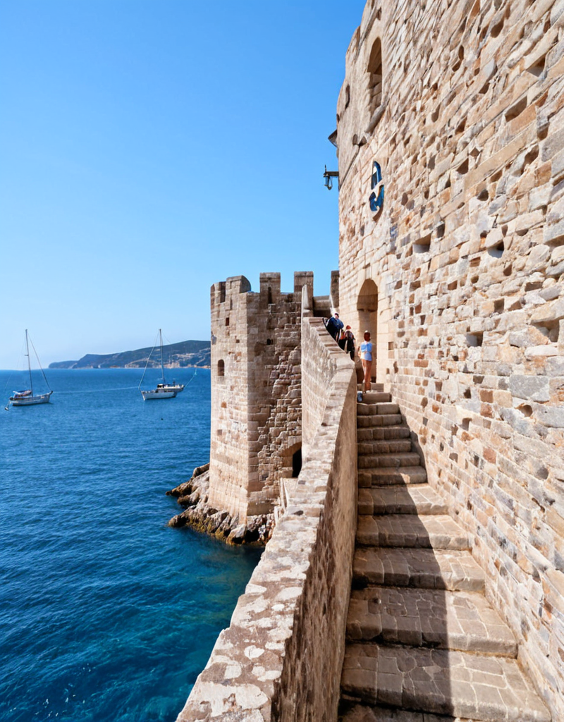 <lora:YCO_xl_F1c:1> yco_xl, fortified castle, outside, between two castle walls, blue sea, sailboats, scenery, stairs, over-the-shoulder view