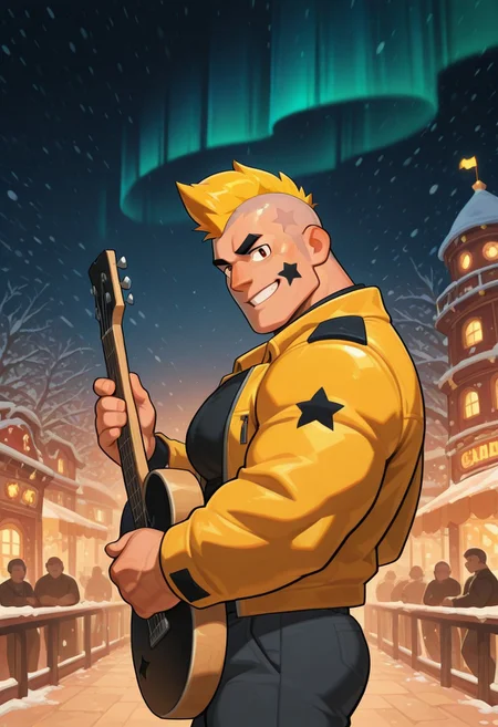mbtiesfp, 1boy, blonde, short hair, black star on face,, yellow jacket, black shirt, looking at viewer, smirk, grin, happy, brawlStars, in the amusement park, pants, portrait, half body, upper body, amber eyes, shaved mohawk, source_cartoon, vector art, 2d, bara, manly, muscular, 3/4 view, night sky, aurora in the sky, snow, playing guitar, holding guitar, in the concert, ((floating colorful muscial notes)), snowstorm, Side View, Pec focus, left view, warm lighting, with people walking background