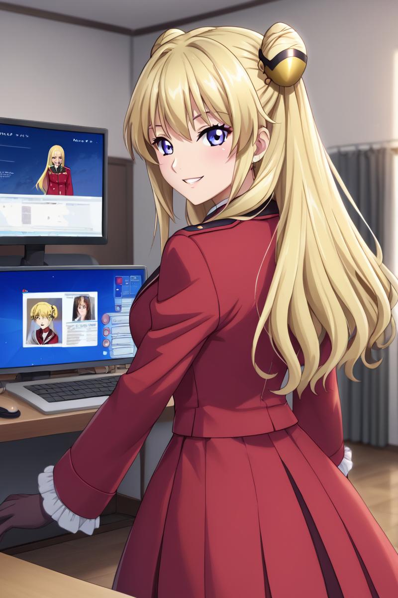 <lora:leila_malcal_CGA_pony:0.7>leila malcal, hair accessories, winter military uniform, 1girl, long hair, blue eyes, blonde hair, hair ornament, gloves, dress, school uniform, purple eyes, hair bun, double bun, standing, computer room, indoor, monitoring room,  looking at viewer, red coat, cheerful, smile, anime coloring, frill sleeves, contrapposto,