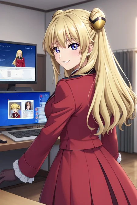 <lora:leila_malcal_CGA_pony:0.7>leila malcal, hair accessories, winter military uniform, 1girl, long hair, blue eyes, blonde hair, hair ornament, gloves, dress, school uniform, purple eyes, hair bun, double bun, standing, computer room, indoor, monitoring room, looking at viewer, red coat, cheerful, smile, anime coloring, frill sleeves, contrapposto,
