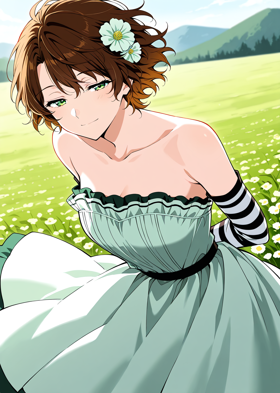<lora:Caria_Rede__The_Beginning_After_the_End___Illustrious:1>
1 girl, solo, short hair, messy hair, wavy brown hair, green eyes, athletic body, 
flower hair accessory, elegant mint green strapless dress with black and white layered accents, striped black and white detached sleeves
score_9, score_8_up, score_7_up, very aesthetic, source_anime, detailed, high quality, beautiful, masterpiece, detailed eyes, field, blurry background, pose dynamic angle, upper body, cowboy shot, light smile, floating hair, half-closed eyes, hands behind back, leaning forward, looking forward, looking at viewer