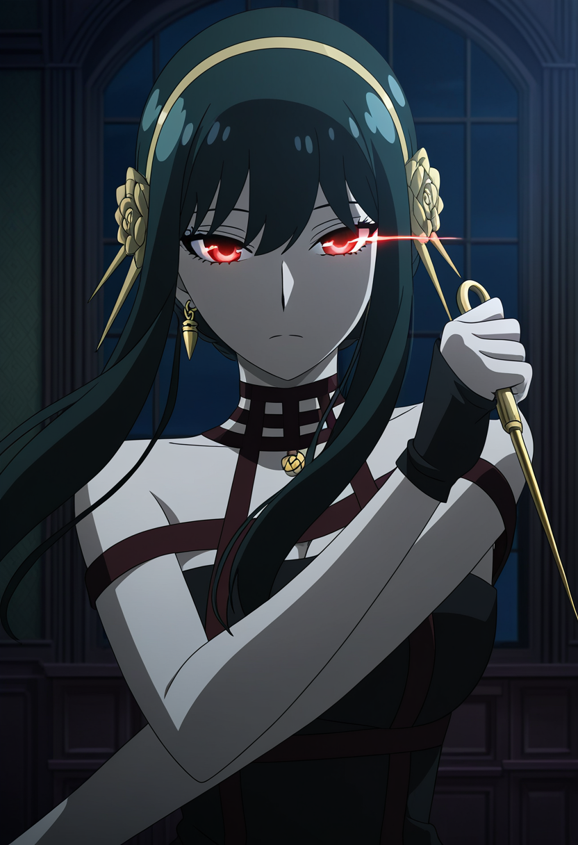 anime coloring, 1girl, yor briar, spy x family, upper body, black dress, action pose, holding knife, eye trail, mansion interior, nighttime, emotionless, dark theme, dramatic lighting, highres, anime screenshot, official art