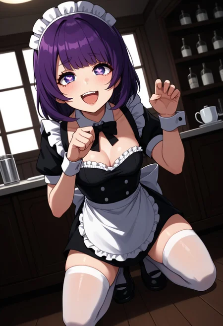 score_9, score_8_up, score_7_up, score_6_up, (1girl ), (solo:1.9 )
BREAK
1girl: kasumi kominami ,<lora:kasumi kominami-v:1>,((small hair)), tiny woman,purple eyes, purple hair,(((( open eyes:1.6, round eyes:1.5,round pupils)))),(small breasts)
BREAK
inside, maid cafe, cups, on his knees, facing the viewer, seen from above, (cat pose), aheago
BREAK
, cleavage, apron, wrist cuffs, sexy black maid, maid headdress, enmaided, smug, White stockings, waitress slippers,pose sexy
BREAK
, front view, low angle, focus on the foot, ,sexy pose,
BREAK
lust, hearts in the pupils, euphoria
