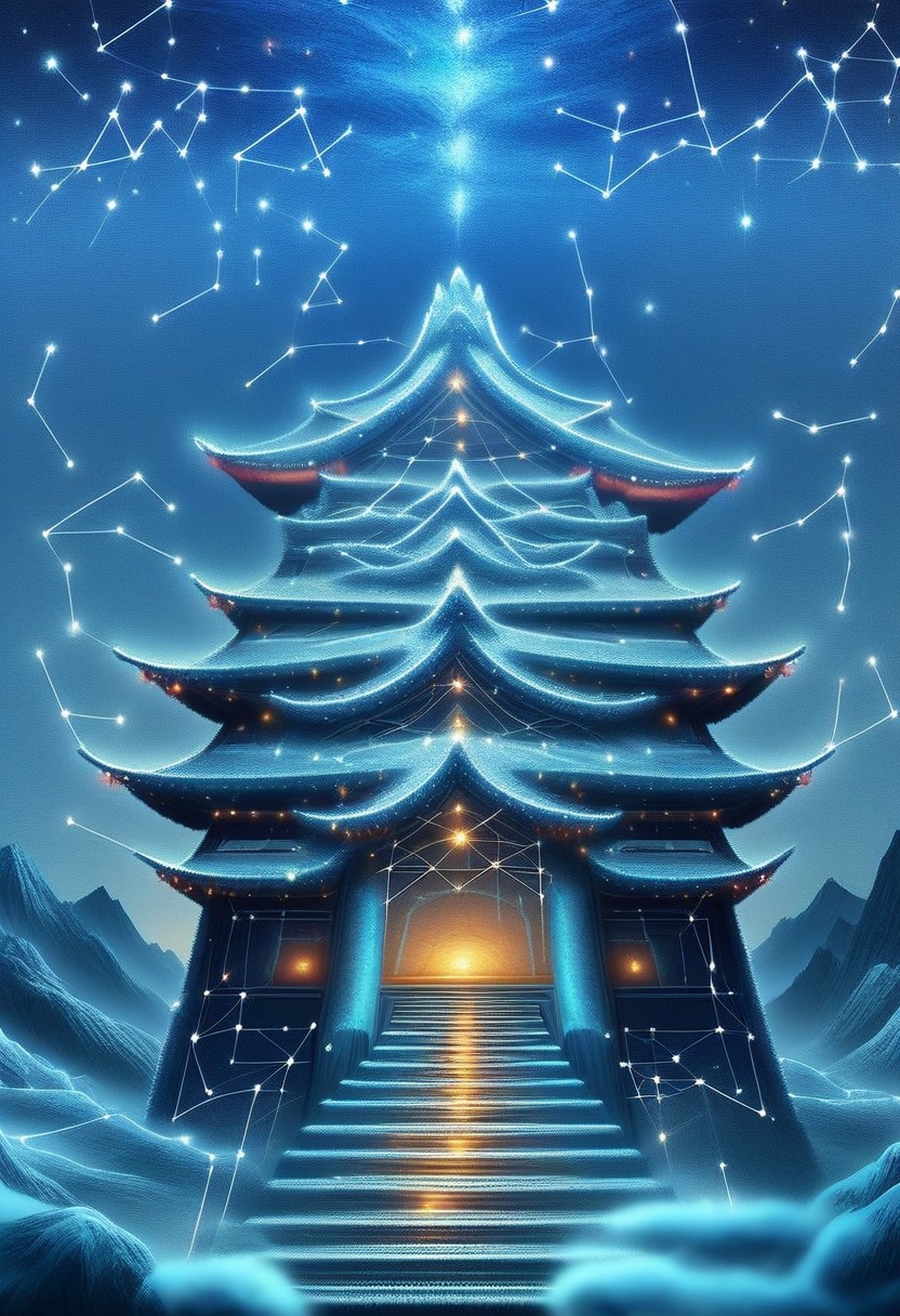 starry_morph eastern dragon, coiled, dynamic pose, contorted, constellation, night sky, chinese temple, mountain, rocky terrain, masterpiece, high details, high quality