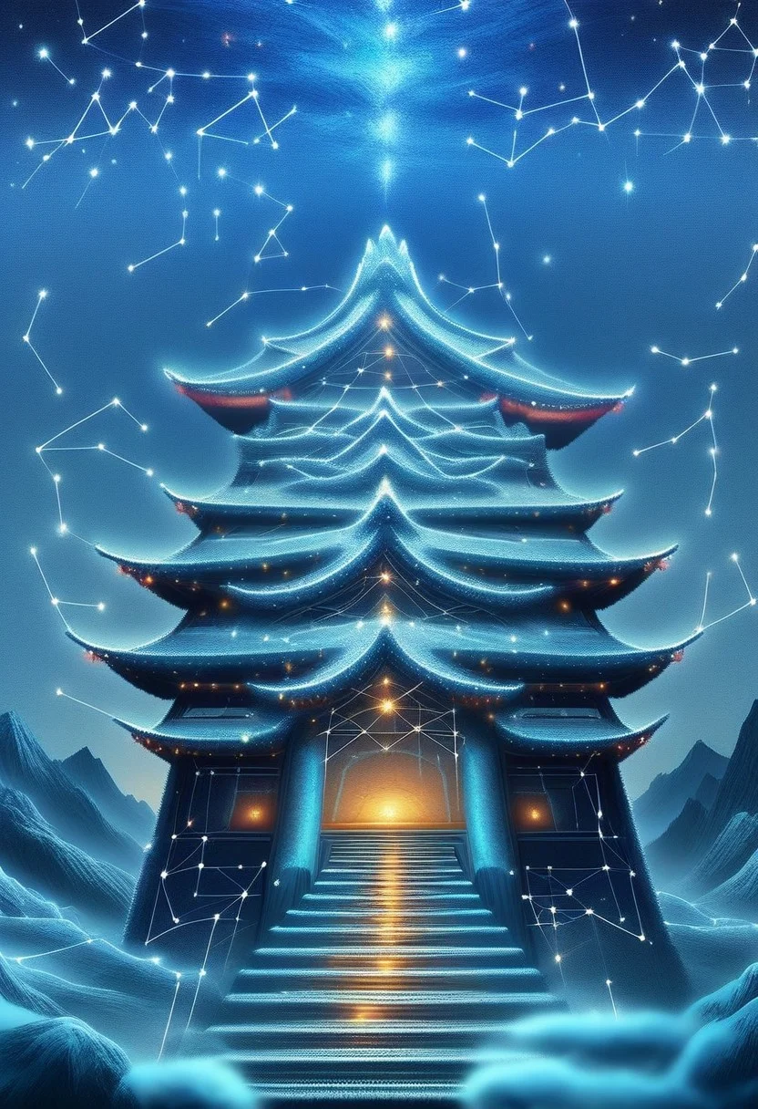 starry_morph eastern dragon, coiled, dynamic pose, contorted, constellation, night sky, chinese temple, mountain, rocky terrain, masterpiece, high details, high quality