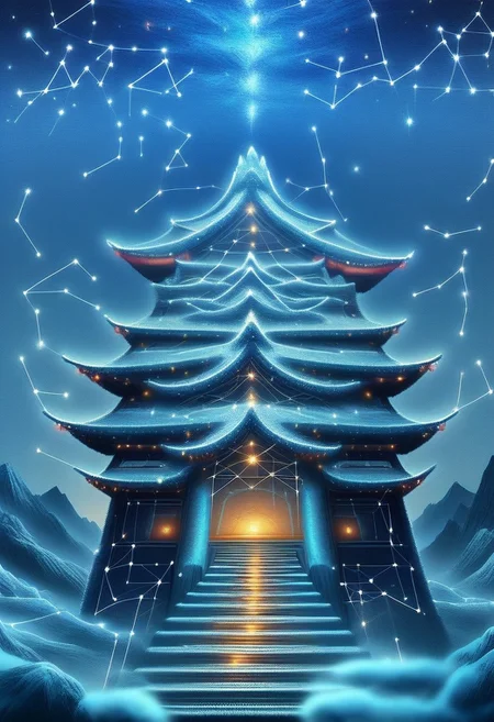 starry_morph eastern dragon, coiled, dynamic pose, contorted, constellation, night sky, chinese temple, mountain, rocky terrain, masterpiece, high details, high quality