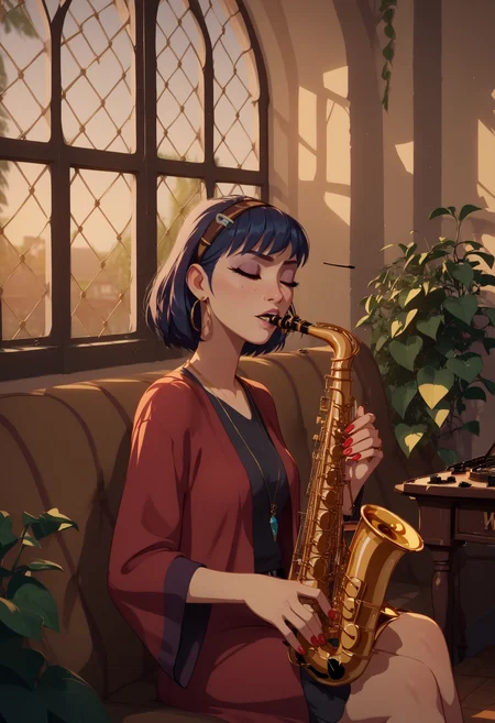 score_9,score_8,score_7,score_6,score_5, SH_Style, NIMO, 1woman, SH_S4X, playing instrument, saxophone, apartment, open window, <lora:Sheeps_Styles_-_Nimona:1.0> <lora:Sheeps_Saxophone:0.8>