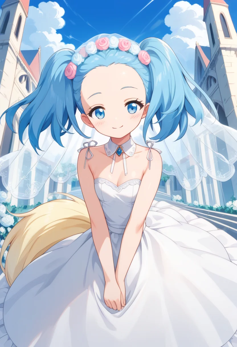 score_9, score_8_up, score_7_up, score_6_up, score_5_up, BREAK
sapphiehuman, twintails, blue eyes, blue hair, tail, hair ornament, head wreath, 1girl, solo, smile, blush, looking at viewer, wedding dress, wedding veil, church, forehead