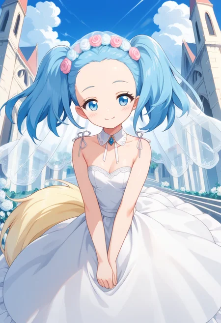 score_9, score_8_up, score_7_up, score_6_up, score_5_up, BREAK
sapphiehuman, twintails, blue eyes, blue hair, tail, hair ornament, head wreath, 1girl, solo, smile, blush, looking at viewer, wedding dress, wedding veil, church, forehead