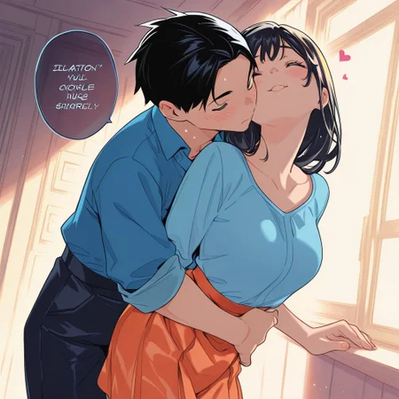 highres,ultra-detailed,illustration,colorful,masterpiece,extremely detailed,8k , manga art style , single panel , (1girl , black hair , orange skirt , cute face ) , (1boy , black hair , blue shirt) , boy hugs girl from behind , kisses neck , soft lighting , absurdes