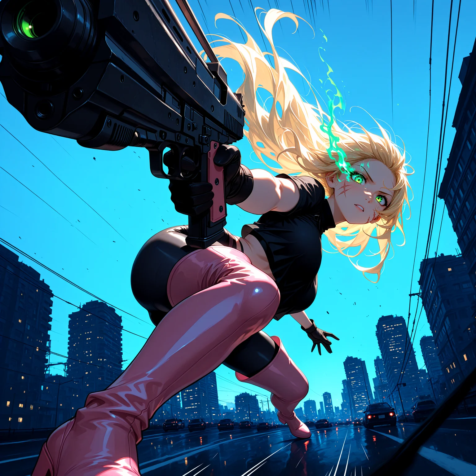 smooth quality, HDR, 8K, masterpiece, best quality, amazing quality, very aesthetic, absurdres, newest, (scenery, volumetric lighting), simple background, depth of field, from below, cityscape, looking at viewer, 1girl, mature female, blonde hair, long hair, green eyes, eye trail, flaming eye, scar on cheek, black crop top, black leggings, black gloves, pink footwear, thigh boots, holding gun, aiming at viewer, dynamic pose, speed lines, sliding, masterpiece, best quality, amazing quality, very aesthetic, absurdres, newest, (scenery, volumetric lighting),depth of field, <lora:LeIsT0_style:0.8>, LeIsT0_illu <lora:add-detail-xl:1.5>