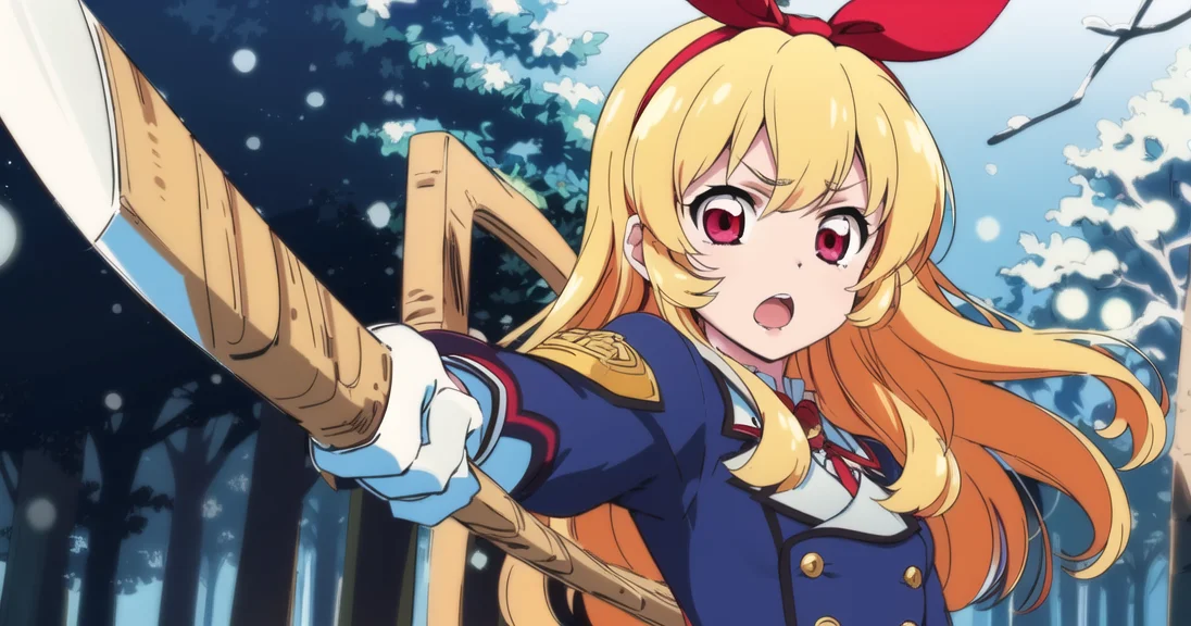 <lora:ichigo-hoshimiya_epoch-02:0.5>, ihoshimiya, <lora:sunrise_stance_nai_v3_e06:0.6>, sunrise stance, (foreshortening:1.5) , 1girl, holding (axe:1.2), traditional axe, fir tree forest with snow, winter, open mouth, :o, frown,
white boots, red gloves,
fish eye, medium full shot, upper body,
detailed skin texture, detailed cloth texture, beautiful detailed face,
masterpiece, best quality, ultra detailed, 8k, intricate details,