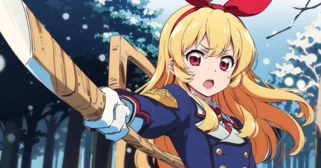 <lora:ichigo-hoshimiya_epoch-02:0.5>, ihoshimiya, <lora:sunrise_stance_nai_v3_e06:0.6>, sunrise stance, (foreshortening:1.5) , 1girl,  holding (axe:1.2), traditional axe, fir tree forest with snow, winter, open mouth, :o, frown, 
white boots, red gloves, 
fish eye, medium full shot, upper body, 
detailed skin texture, detailed cloth texture,  beautiful detailed face,
masterpiece, best quality, ultra detailed, 8k, intricate details,