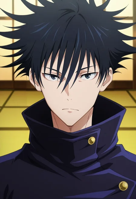 masterpiece, best quality, , anime screencap, anime coloring, official style, looking at viewer, 1boy, solo, male focus, <lora:megumi_fushiguro_ilxl:0.92>, megumi_fushiguro, black hair, black eyes, spiked hair, short hair, bangs, hair between eyes, jacket, high collar, ,
