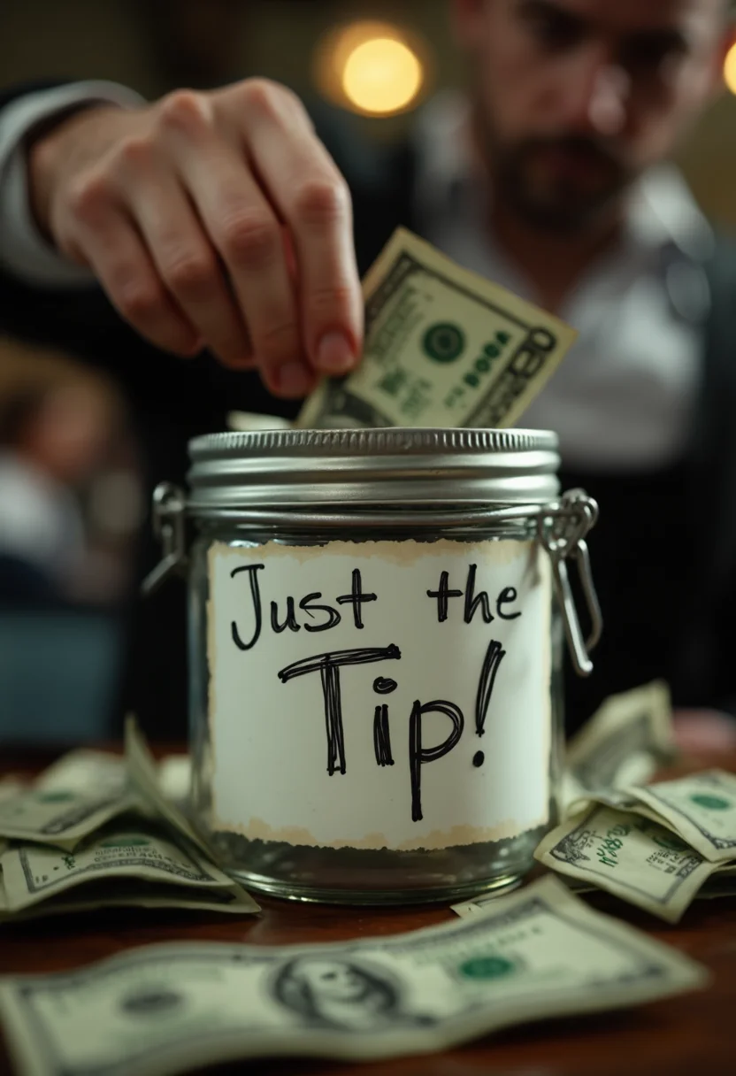 cinematic film still The image depicts a scene set around a tip jar, with a hand placing a US $100 bill into it. The jar's label is written in cursive script that reads "Just the tip!", accompanied by a playful wink face underneath. The focus of the image is on the hand and the money being inserted into the jar.
Composition: The tip jar is positioned in the center of the image, drawing the viewer's attention. The hand placing the bill into the jar creates a dynamic sense of movement. The background is blurred, further emphasizing the jar as the main subject.
Lighting: The lighting is diffused and even, providing a neutral tone that highlights the colors within the scene.
Mood: The mood of the image is light-hearted and humorous, evoking a feeling of amusement from the viewer.
Color Palette: The dominant colors are muted, but the vibrant green of the dollar bill stands out against them. This contrast adds to the overall impact of the image.
Subject Matter: The main subject matter revolves around tipping or showing appreciation for a service by donating money.
Artistic Style: The artistic style is realistic, focusing on accurate representation of the scene and its objects rather than abstraction or distortion.
Camera Angles: A low angle is used to capture the hand placing the bill into the jar, giving a sense of height and dominance to the subject.
Depth of Field: There is a shallow depth of field that brings the tip jar into sharp focus while blurring the background. This effect further emphasizes the central object in the image.
. shallow depth of field, vignette, highly detailed, high budget, bokeh, cinemascope, moody, epic, gorgeous, film grain, grainy