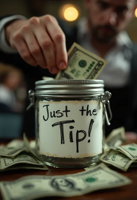cinematic film still The image depicts a scene set around a tip jar, with a hand placing a US $100 bill into it. The jar's label is written in cursive script that reads "Just the tip!", accompanied by a playful wink face underneath. The focus of the image is on the hand and the money being inserted into the jar.
Composition: The tip jar is positioned in the center of the image, drawing the viewer's attention. The hand placing the bill into the jar creates a dynamic sense of movement. The background is blurred, further emphasizing the jar as the main subject.
Lighting: The lighting is diffused and even, providing a neutral tone that highlights the colors within the scene.
Mood: The mood of the image is light-hearted and humorous, evoking a feeling of amusement from the viewer.
Color Palette: The dominant colors are muted, but the vibrant green of the dollar bill stands out against them. This contrast adds to the overall impact of the image.
Subject Matter: The main subject matter revolves around tipping or showing appreciation for a service by donating money.
Artistic Style: The artistic style is realistic, focusing on accurate representation of the scene and its objects rather than abstraction or distortion.
Camera Angles: A low angle is used to capture the hand placing the bill into the jar, giving a sense of height and dominance to the subject.
Depth of Field: There is a shallow depth of field that brings the tip jar into sharp focus while blurring the background. This effect further emphasizes the central object in the image.
. shallow depth of field, vignette, highly detailed, high budget, bokeh, cinemascope, moody, epic, gorgeous, film grain, grainy