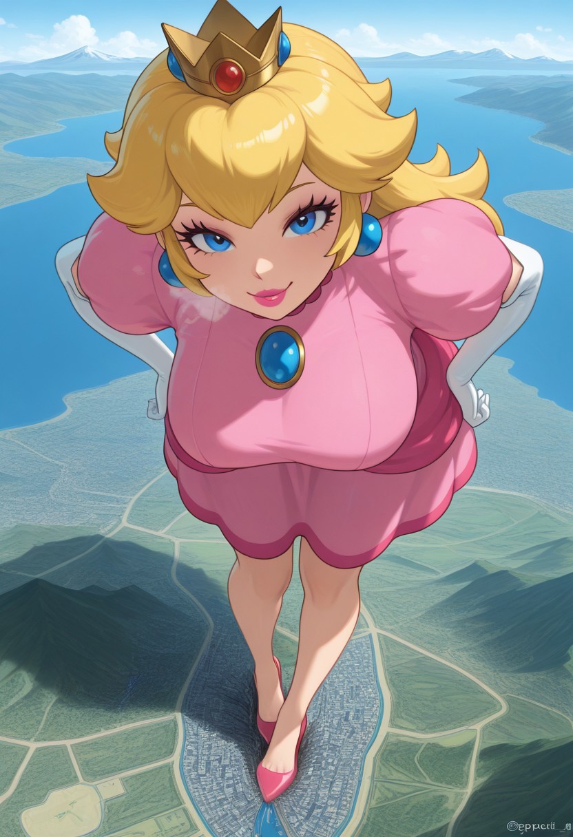 , giantess, full body view, foreshortening, foreshortening, Giantess,, giantess, from above, best quality, absurdres, 1girl, solo, hips, leaning forward, presenting foot, foot fetish, naughty smile
score_9,score_8_up,score_7_up,score_6_up , BREAK , makeup, lips, lipstick
from above, 
extremely gigantic, really tall,steamy breath, steamy body,,looking at viewer,
<lora:giantess-ponyxl-lora-nochekaiser:1> giantess, giant, city, building, outdoors, destruction,
outdoors, destruction, , giga size,landscape,planet size,mountain,river,cloud,sea,princess peach, sppeach, blonde hair, long hair, blue eyes, dress, pink dress, crown, earrings, elbow gloves, high heels