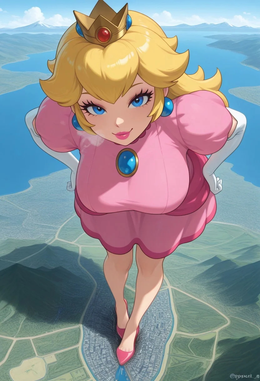 , giantess, full body view, foreshortening, foreshortening, Giantess,, giantess, from above, best quality, absurdres, 1girl, solo, hips, leaning forward, presenting foot, foot fetish, naughty smile
score_9,score_8_up,score_7_up,score_6_up , BREAK , makeup, lips, lipstick
from above,
extremely gigantic, really tall,steamy breath, steamy body,,looking at viewer,
<lora:giantess-ponyxl-lora-nochekaiser:1> giantess, giant, city, building, outdoors, destruction,
outdoors, destruction, , giga size,landscape,planet size,mountain,river,cloud,sea,princess peach, sppeach, blonde hair, long hair, blue eyes, dress, pink dress, crown, earrings, elbow gloves, high heels