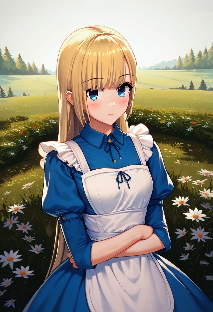 score_9, score_8_up, score_7_up, 1girl, A young woman, with blue eyes and blonde hair, wears a blue dress with a white apron in an alice in wonderland style,  She is in a serene environment, with a natural landscape in the background.4y4ne