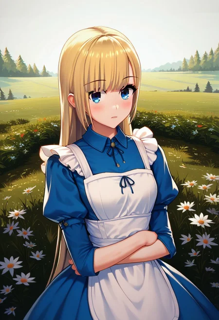 score_9, score_8_up, score_7_up, 1girl, A young woman, with blue eyes and blonde hair, wears a blue dress with a white apron in an alice in wonderland style, She is in a serene environment, with a natural landscape in the background.4y4ne