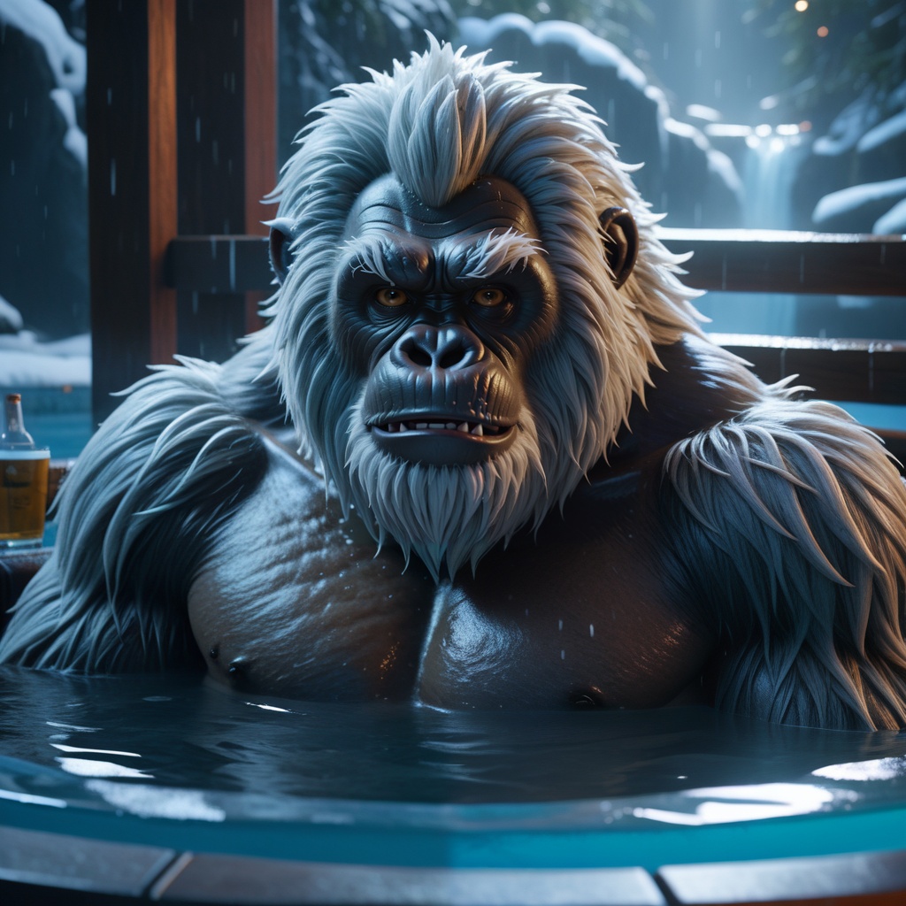 âa yeti in a hottub, realistic, hiperrealist, photorealist, intricate, sharp focus, cinematic lights, Artstation HQ, Deviantart trending, 4K UHD, masterpieceâ , <lora:JuggerCineXL2:1> Movie Still, Film Still, Cinematic, Cinematic Shot, Cinematic Lighting