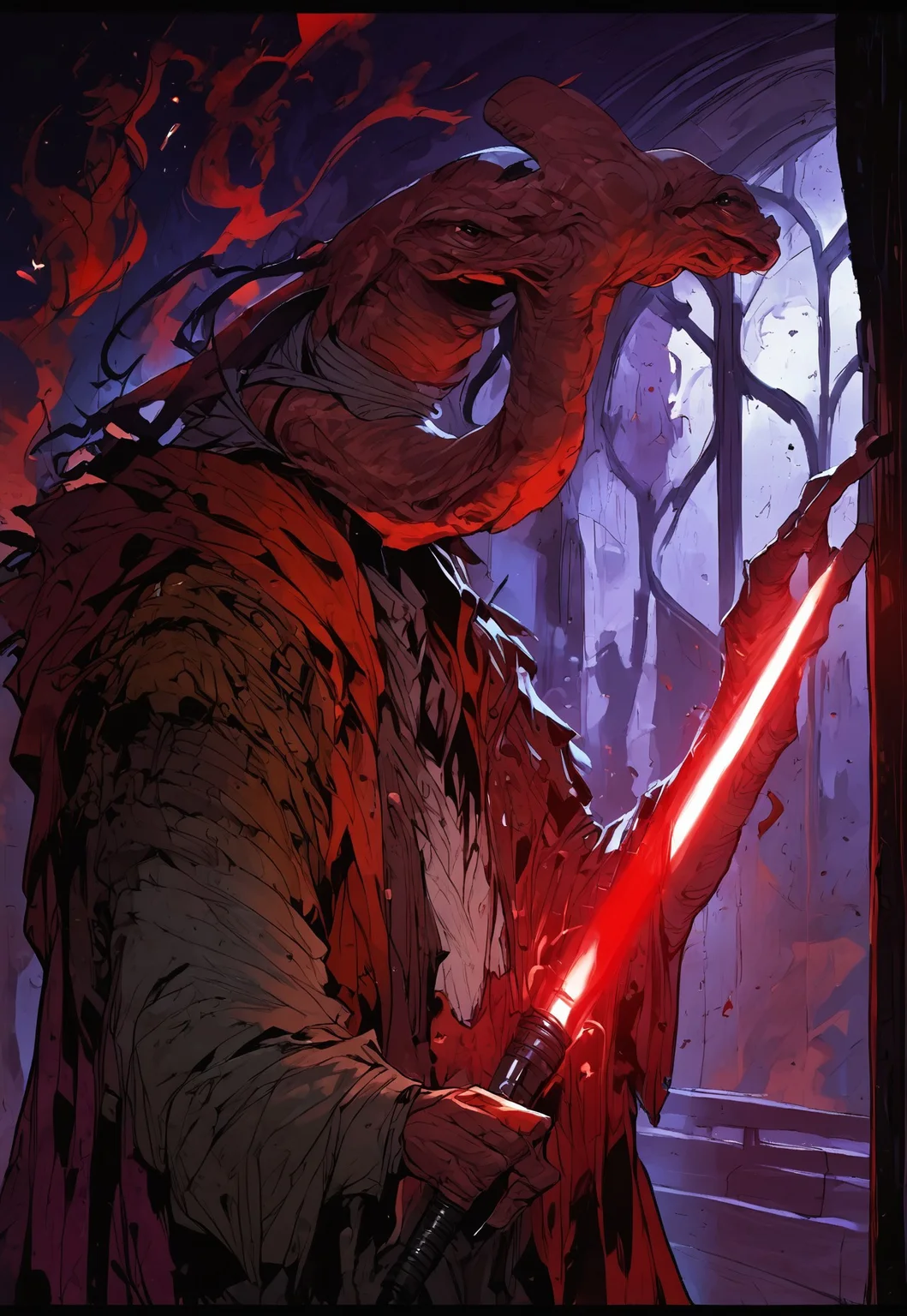 score_9, score_8_up, score_7_up, BREAK,
ithorian hammerhead alien on a space station, window showing stars and wormhole, dramatic lights, (((holding red lightsaber)))