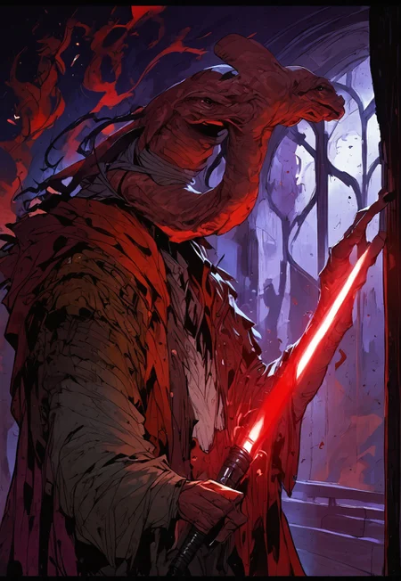 score_9, score_8_up, score_7_up, BREAK,
ithorian hammerhead alien on a space station, window showing stars and wormhole, dramatic lights, (((holding red lightsaber)))
