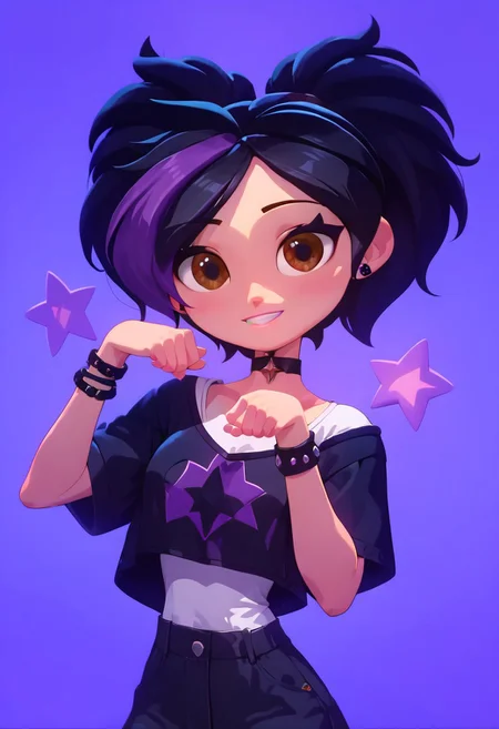 score_9, score_8_up, score_7_up, 1 girls, Kira, mangamaster artstyle , looking at viewer, detailed eyes, chocker, hot woman, petite body, brown eyes, two-tone purple and black hair, bracelets, thin eyebrows, cute pose, white t-shirt, black jacket,,purple star symbol