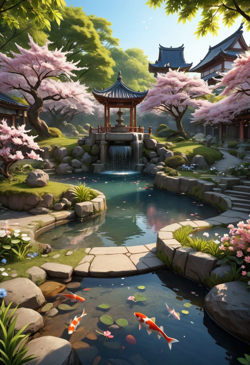 (masterpiece), realistic lighting, score_9, score_8_up, score_7_up, source_anime, realistic, intricate details, hyperdetailed, extremely sharp, 4k, ,vivid colors,
((masterpiece)), ((best quality)), (ultra-detailed), absurdres, extremely detailed CG unity 8k wallpaper, Official Art, (garden,with fountain, koi fish, flowers, cherry blossom trees, leaves on the ground, colorful, late spring scenery, illustration, dramatic lighting:1.1),
hyperdetailed, hyperrealistic, 8k, high quality, hi res, best quality, high quality, absurd res, volumetric lighting, reflections, polished, intricate, soft warm lighting,