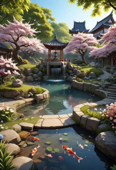 (masterpiece), realistic lighting, score_9, score_8_up, score_7_up, source_anime, realistic, intricate details, hyperdetailed, extremely sharp, 4k, ,vivid colors,
((masterpiece)), ((best quality)), (ultra-detailed), absurdres, extremely detailed CG unity 8k wallpaper, Official Art, (garden,with fountain, koi fish, flowers, cherry blossom trees, leaves on the ground, colorful, late spring scenery, illustration, dramatic lighting:1.1),
hyperdetailed, hyperrealistic, 8k, high quality, hi res, best quality, high quality, absurd res, volumetric lighting, reflections, polished, intricate, soft warm lighting,