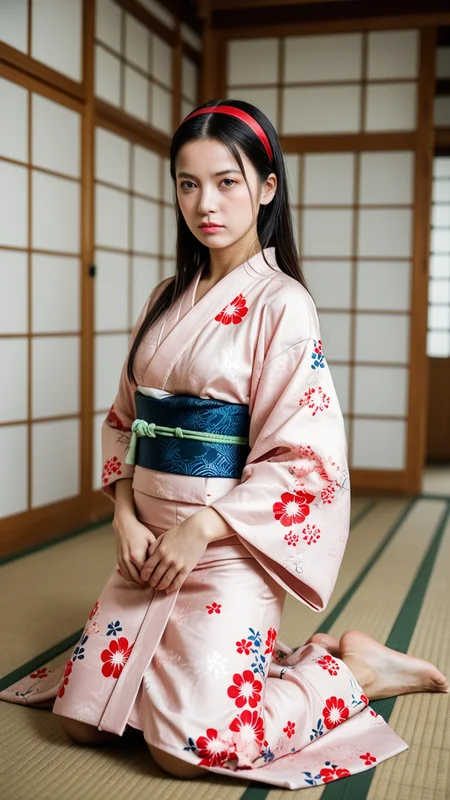 Stable_Yogis_PDXL_Positives,1 girl,solo,p3amagi,yukikokimono,Amagi Yukiko,expressionless,kneeling,japanese clothes,pink kimono,floral print,green sash,obi,indoors,tatami,masterpiece,best quality,ultra detailed,absurdres,very aesthetic,<lora:zy_Realism_Enhancer_v1:0.5>,