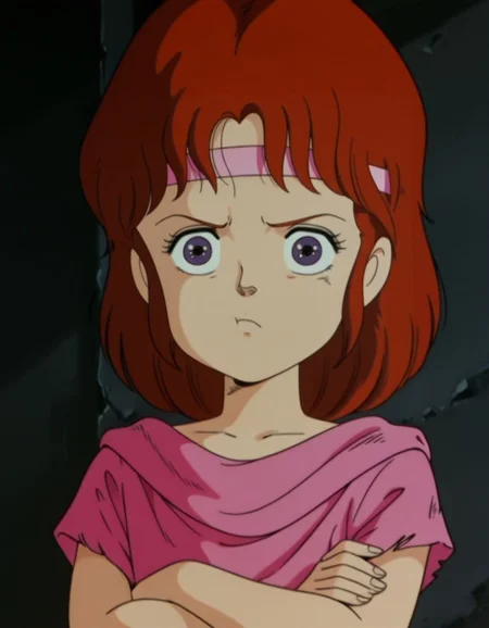 masterpiece, best quality, upper body, jealous, crossed arms, standing, face close-up, solo, portrait, pout,
<lora:Lin:1>, L1n, red hair, headband, purple eyes, female child, retro artstyle, torn clothes, shirt, retro artstyle, anime coloring,