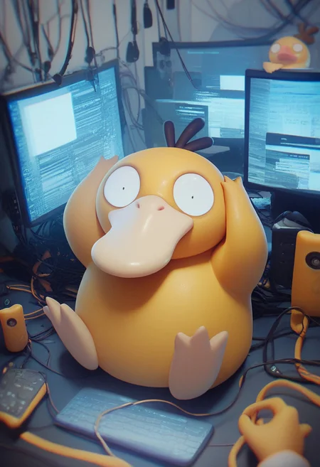 score_9, score_8_up, score_7_up, score_6_up, yellow Psyduck from pokemon in a control room, sitting on a computer, wires in hands, looking at viewer, wide eyed