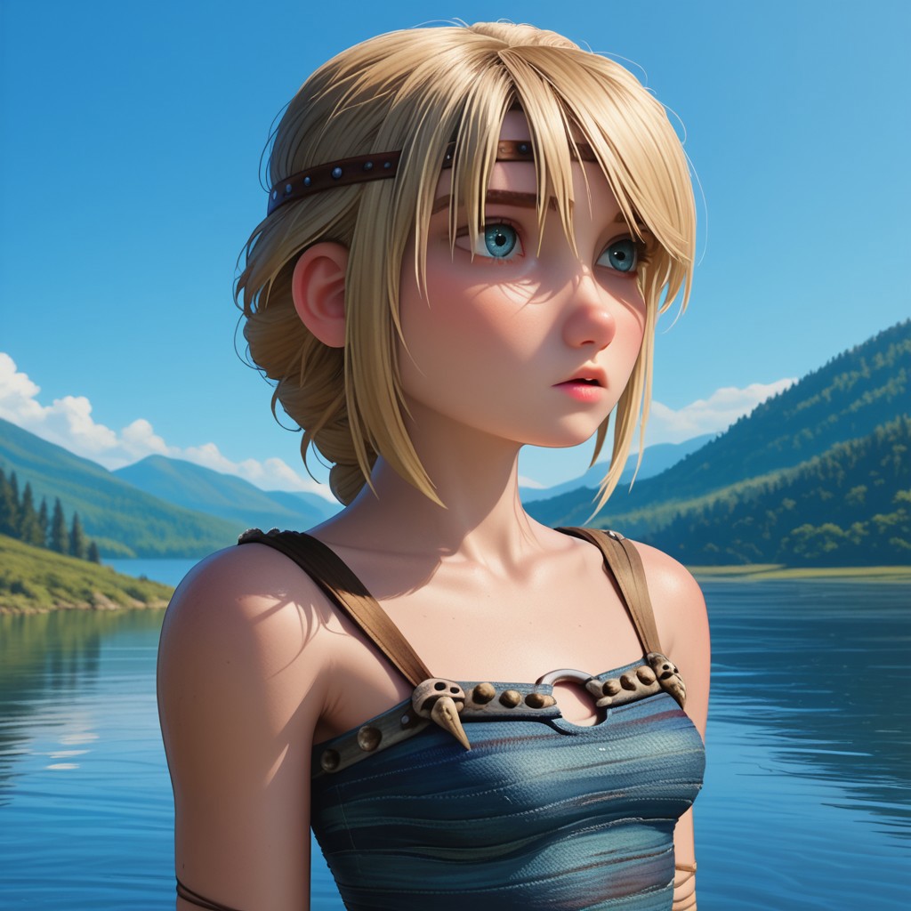 score_9, score_8, score_7, score_6, Kiri, Astrid, fFaceDetail, OverallDetail, in a lake, exposed shoulders, solo, sexy pose, skinny