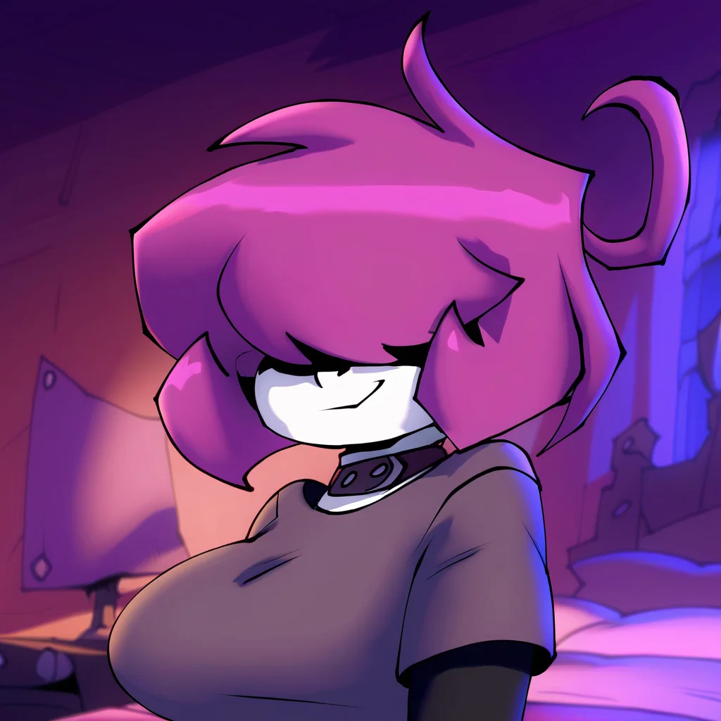 Gaz(Bigdad), female, purple hair, solo, chubby, Gaz outfit, hair over eyes, inside, bedroom, upper body, smile