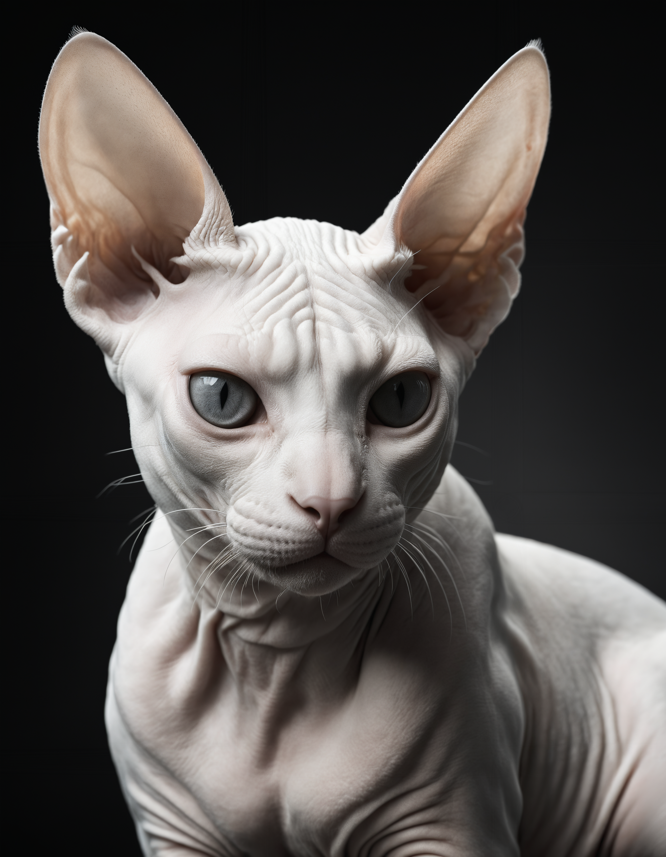 by Helmut Newton, hyper realistic greyscale photo of a pure white sphynx cat,  (monochrome, chiaroscuro, photorealistic, professional, masterful:1.4), hyper detailed, award winning,  limited monochrome palette, extremely high contrast, ivory and black hue,  (intricate details, masterpiece, best quality:1.4),
dramatic cinematic lighting,  wide angle panoramic view, simple black  background, dynamic,
<lora:add-detail-xl:0.5> <lora:xl_more_art-full_v1:0.5>