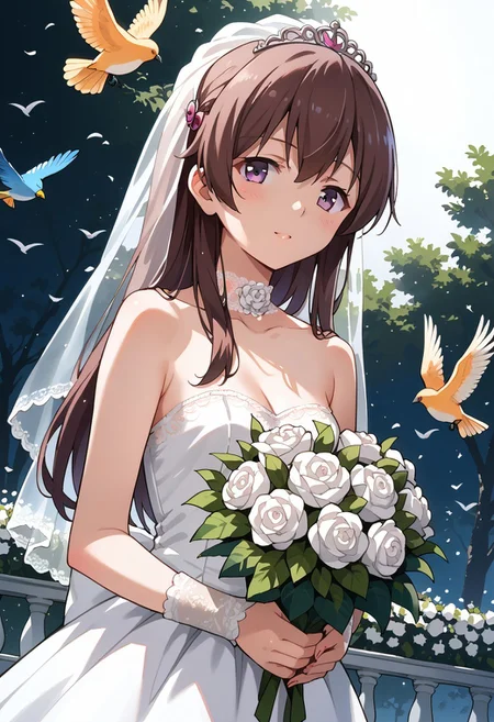 zPDXL3, score_9_up, score_8_up, score_7_up, (Anime_source), 1girl, solo, kisaragi, long hair, brown hair, brown eyes, purple eyes, kisaragi (kancolle), bare shoulders, sleeveless, lace choker, white wedding dress, strapless dress, lace trim, white lace bracers, hands together, carrying a bouquet of violet and white flowers, standing on a stage, wedding ceremony, garden view, colorful birds flying in the background, sunny, outdoors, highly detailed background, cinematic, dutch angle, perfecteyes, traditional media, <lora:add-detail-xl:0.4>, perfect hands, warm exterior lighting, subtle shadows, soft, cinematic, compelling composition, storytelling elements, conveys emotion, mood, and narrative depth